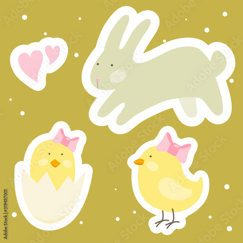 Vector cartoon cute Easter set of stickers templates with baby chicken  bunny  egg shell and hearts. Easter cards  gift  labels. Template for Greeting Scrap booking  Congratulation