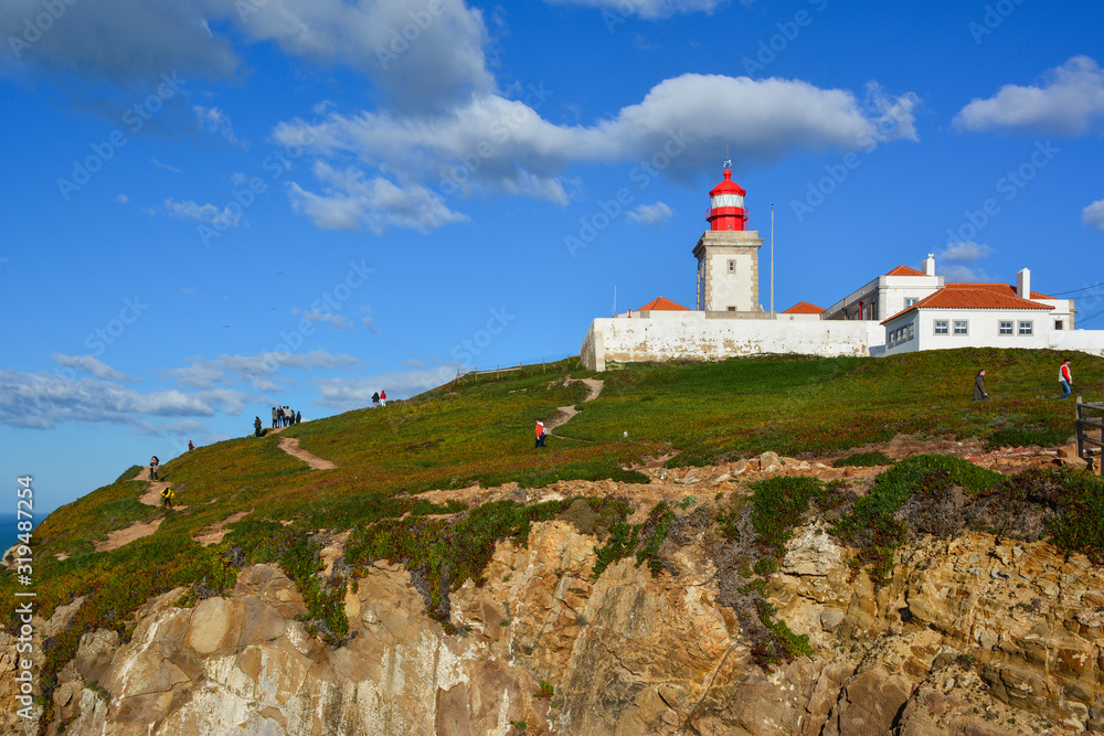 View of Cabo da Roca, a tourist attraction in the municipality of Sintra, Portugal, and the most western point of continental Europe, with the lighthouse seen in the background