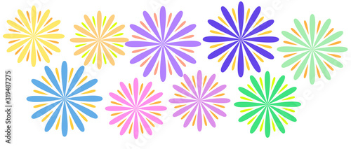 Colorful fireworks set isolated on white background, illustration. Holiday and party firework icons collection