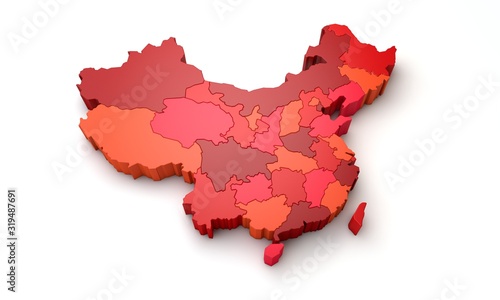 Map of China showing regional province areas. 3D Rendering