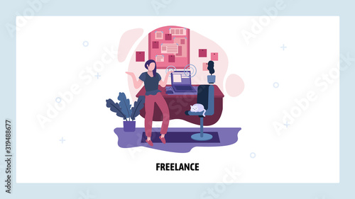 Freelance work at home concept. Freelance girl develops project in home office. Cat sits on a chair. Vector web site design template. Landing page website concept illustration