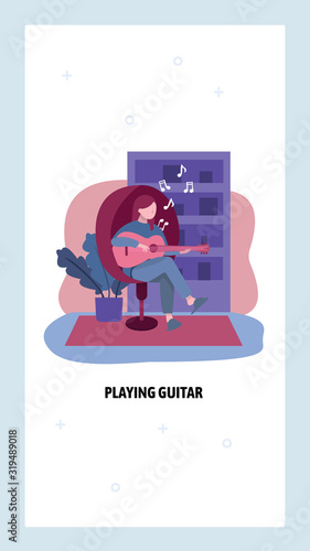 Young girl plays acoustic guitar music at home. Music lessons concept. Woman playing musical instument and sing. Vector web site design template. Landing page website concept illustration