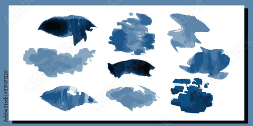Set of vector watercolor stains, paint brush strokes. Trend blue color 2020 year