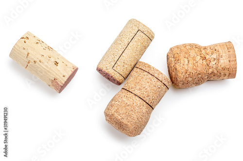 Grapes wine bottle corks Isolated on white background. Wooden Cork Close up. Top view