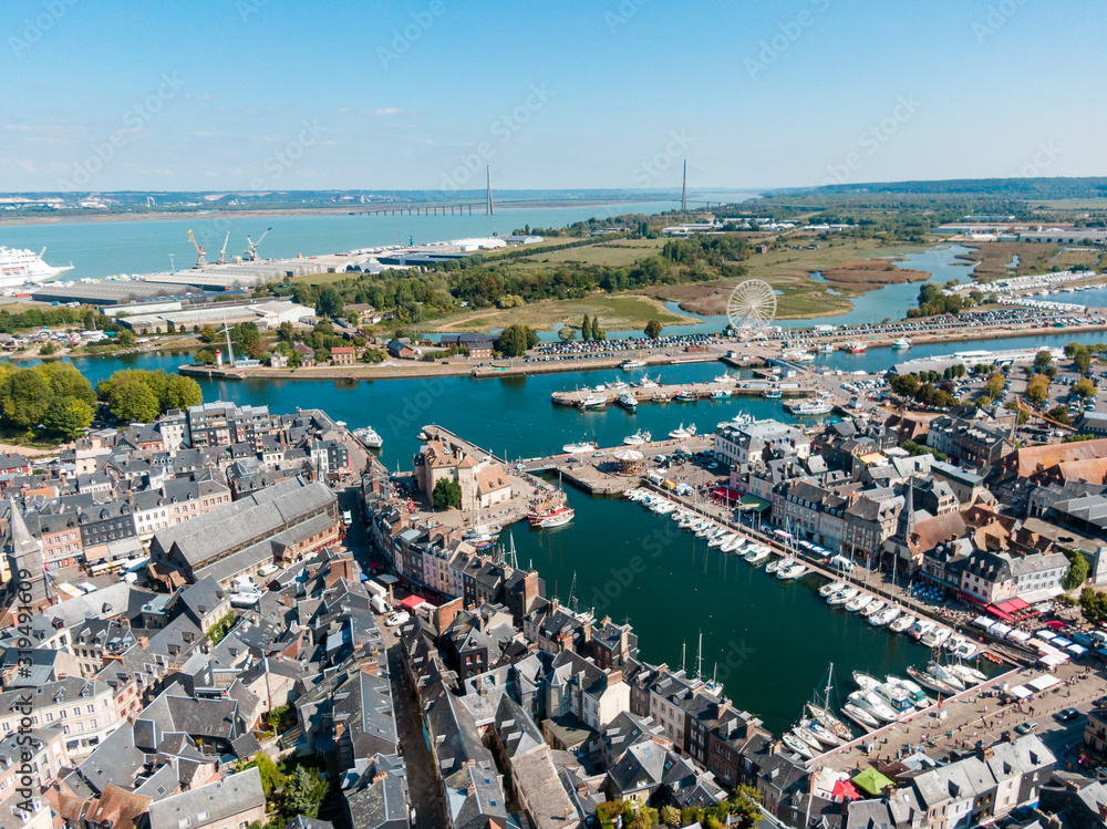 Aerial drone view on Honfleur, France some with famous places and architecture of the village