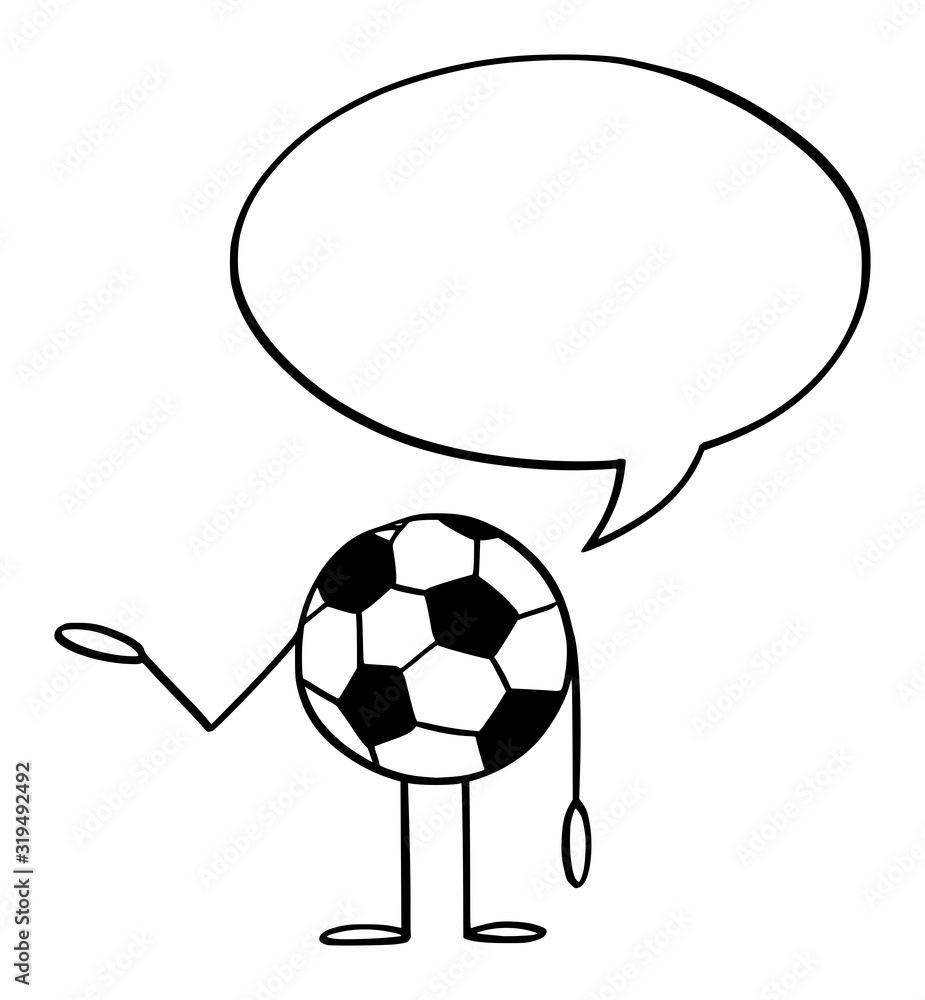 Fototapeta premium Vector illustration of cartoon soccer or football ball character with speech bubble .Sport advertisement or marketing design.