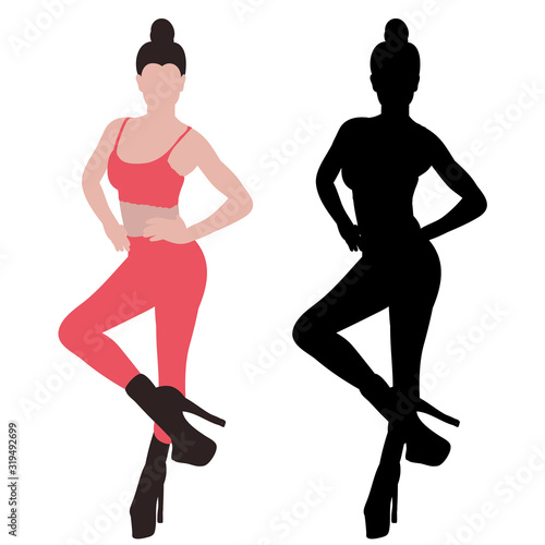 vector, on a white background, flat style dancing girl, with silhouette