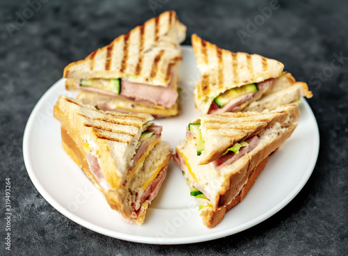 tasty sandwiches on a white plate on a stone background