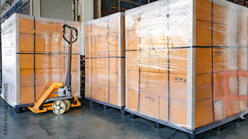 Packaging Boxes on Pallets Racks in Storage Warehouse. Supply Chain. Storehouse Shipment Goods. Distribution Warehouse Shipping Logistics.	