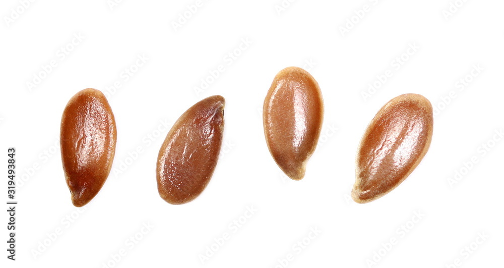 Set flax seeds isolated on white background, top view, macro linseed - obrazy, fototapety, plakaty 