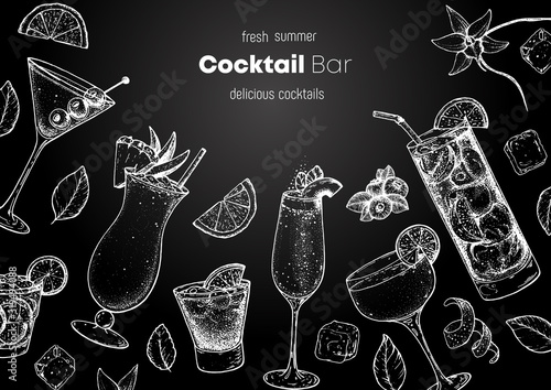 Alcoholic cocktails hand drawn vector illustration. Cocktails sketch set. Engraved style. Dry martini, pina colada, bellini, daiquiri, long island iced tea.