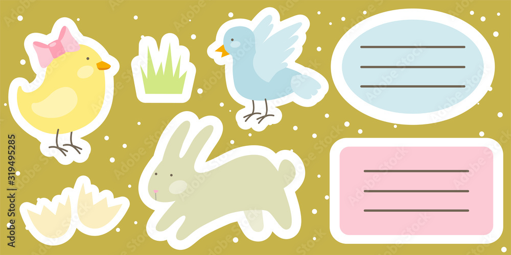 Fototapeta premium Vector set of cartoon characters. Cute stickers with baby chicken, bunny, spring bird, egg shell and grass. Easter cards, labels. Template for spring design