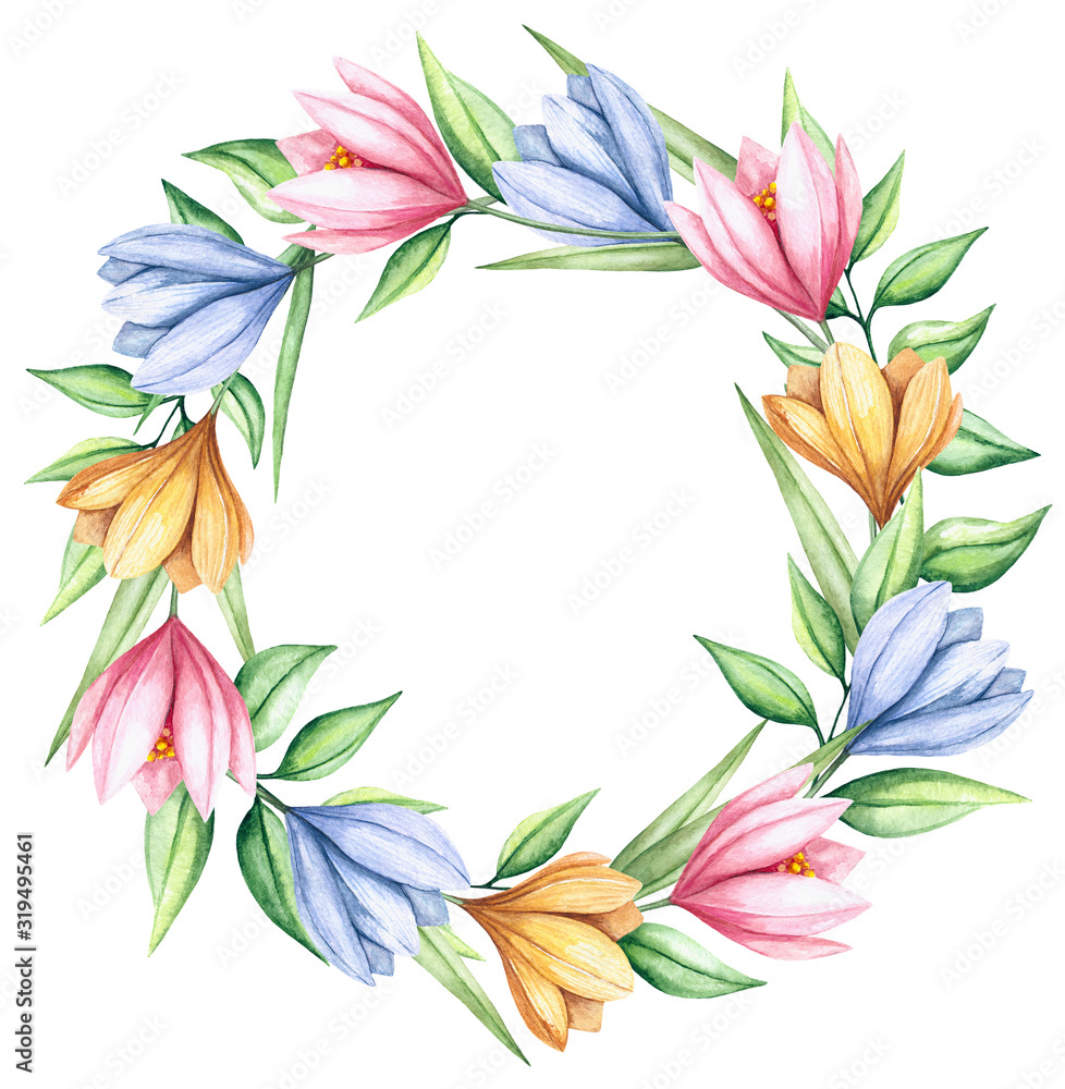 Watercolor flower wreath. Single wreath with flowers of blue, yellow and pink crocuses.