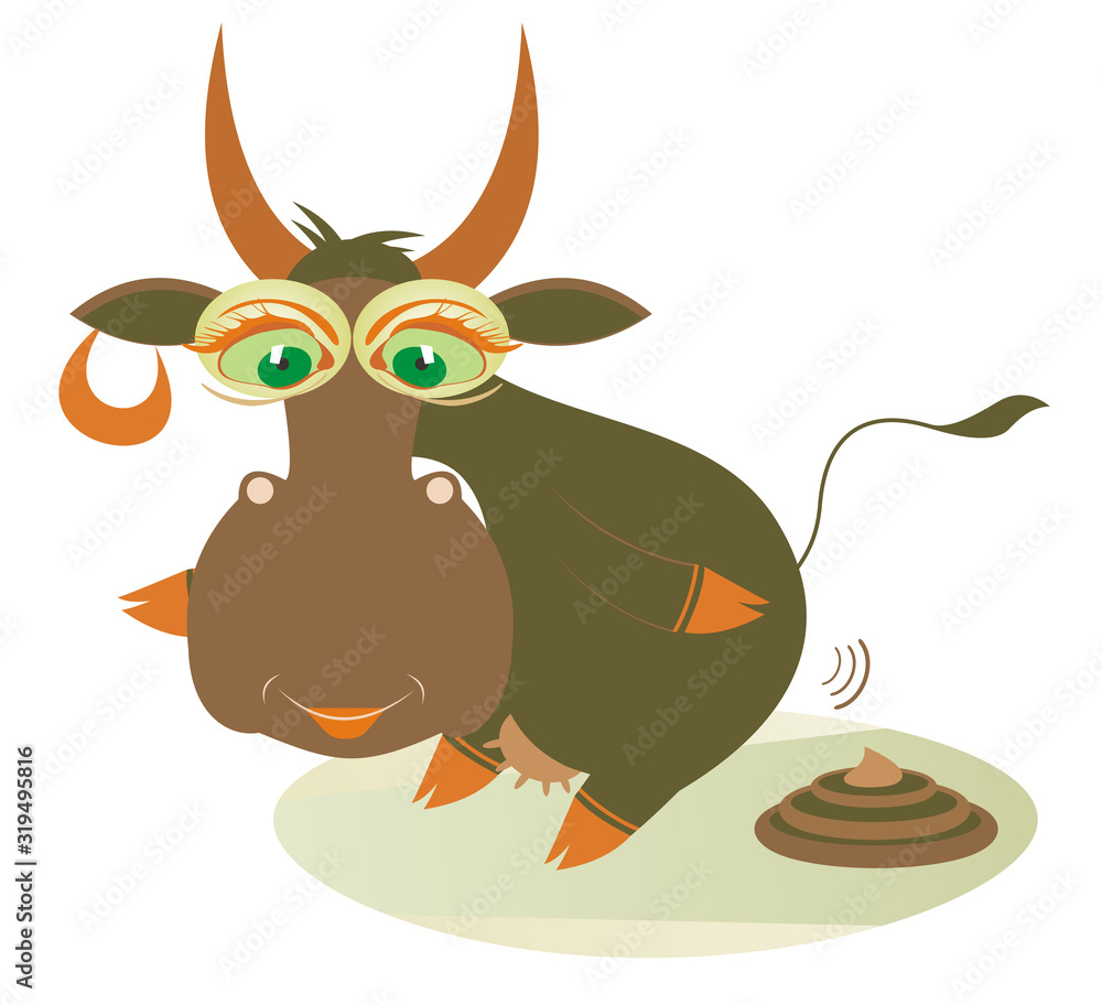 Organic manure and cow illustration. Smiling cow and a knot of manure isolated on white Organic manure and cow illustration. Smiling cow and a knot of manure isolated on white