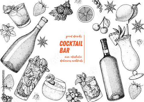 Alcoholic cocktails hand drawn vector illustration. Cocktails sketch set. Engraved style. Alcoholic drinks in glasses and bottles.