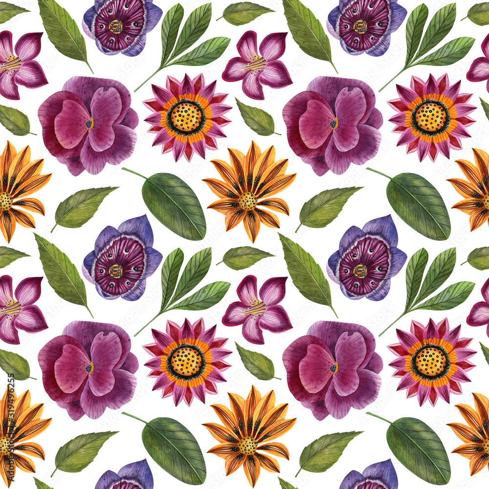Watercolor seamless pattern with flowers on the white background. Ethnic modern style with African motifs. Suitable for textile, fabric, wrapping and other design.