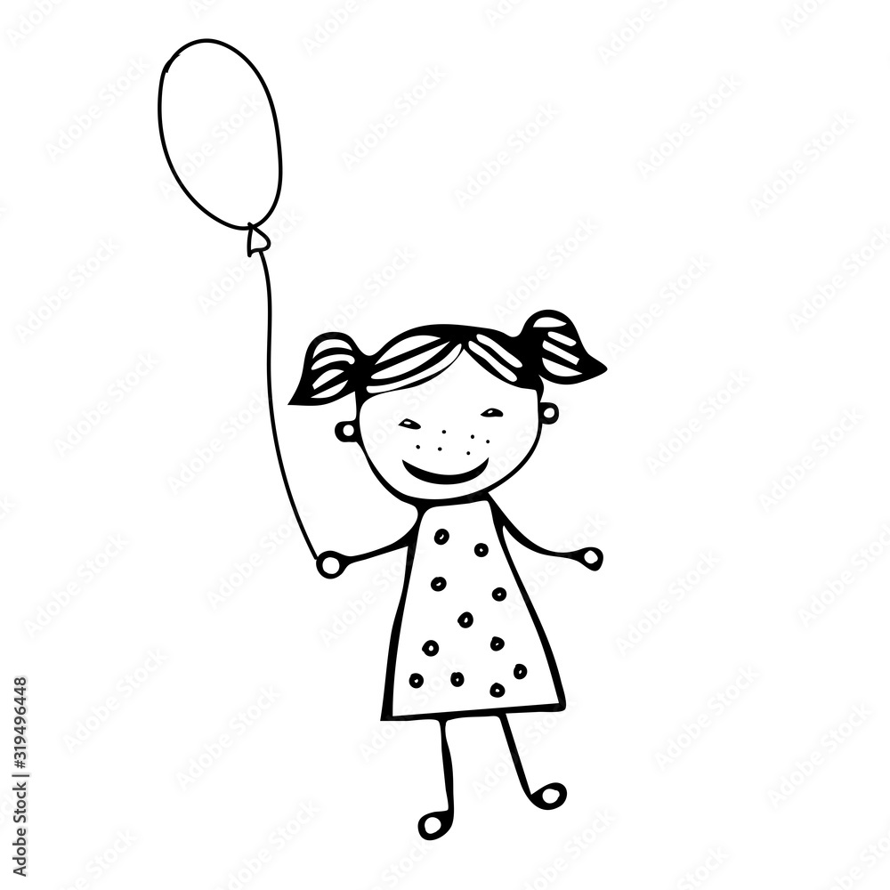 Beautiful hand-drawn vector illustration of a girl with a balloon isolated on a white background for coloring book Beautiful hand-drawn vector illustration of a girl with a balloon isolated on a white background for coloring book