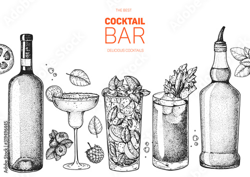 Alcoholic cocktails hand drawn vector illustration. Cocktails sketch set. Engraved style. Alcoholic drinks in glasses and bottles.