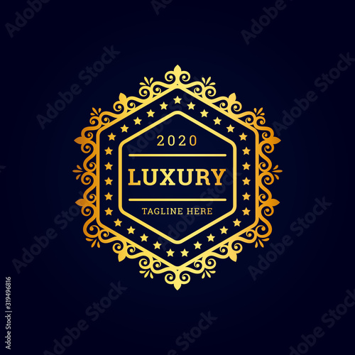 Vintage luxury hexagonal premium logo with golden Premium Vector