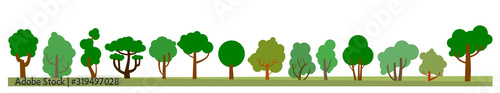 Trees  forest. Vector. Background horizontal picture. Scenery. Symbolic flat image of trees in cartoon style. Set of deciduous trees. Isolated on a white background. For location at the bottom.