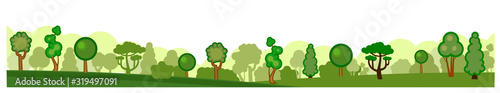 Morning forest. Vector. Background picture. Horizontally. Dawn of the sun in the forest. Symbolic cartoon flat trees. Isolated on a white background.