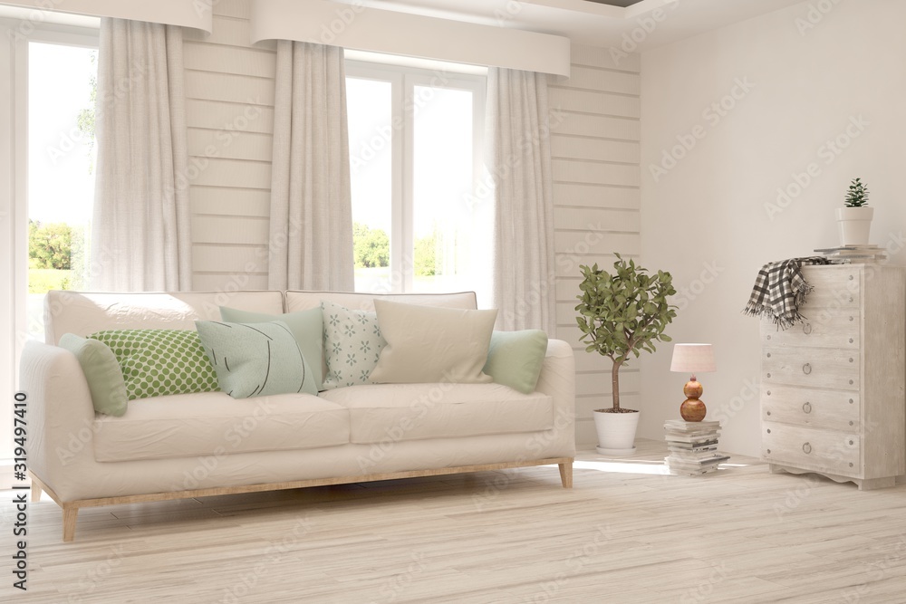 Stylish room in white color with sofa. Scandinavian interior design. 3D illustration Stylish room in white color with sofa. Scandinavian interior design. 3D illustration