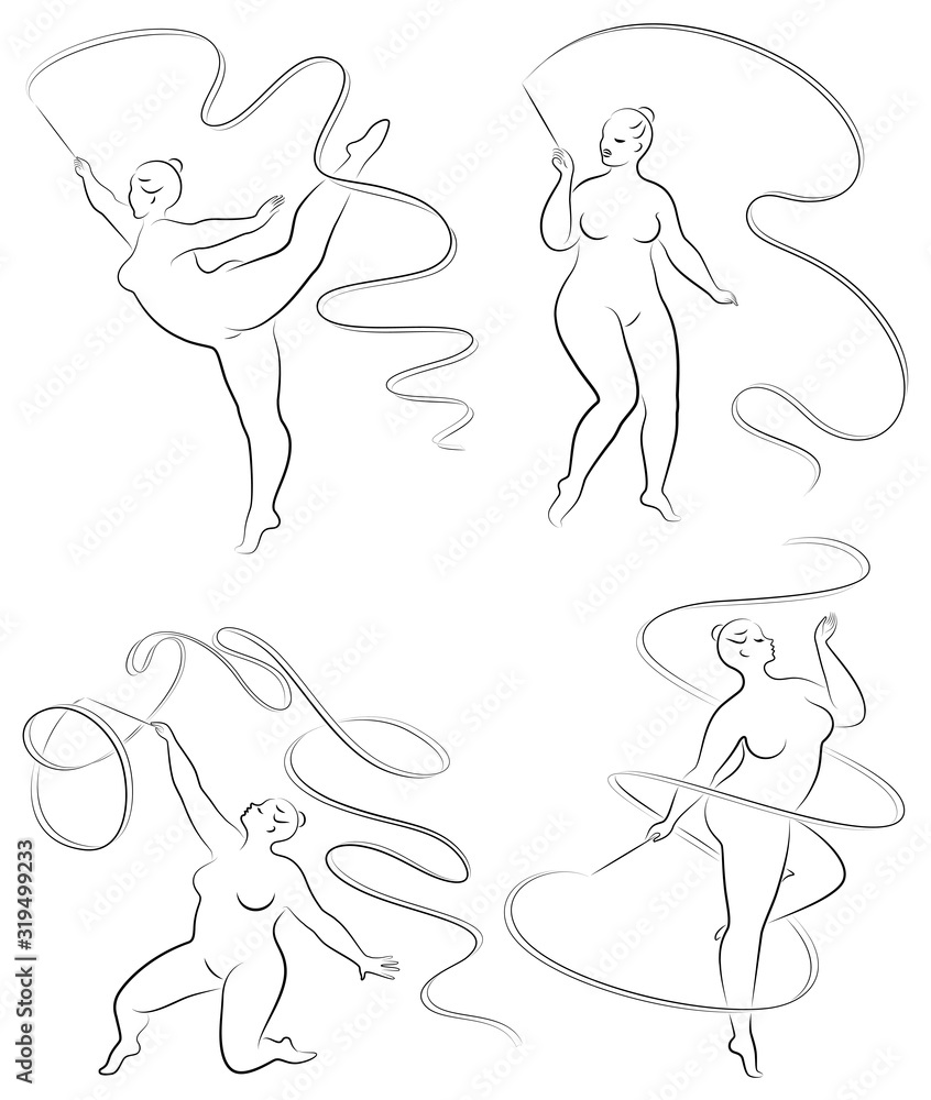 Collection. Gymnastics. Silhouette of a girl with a ribbon. The woman is overweight, a large body. The girl is full figured. Vector illustration set.