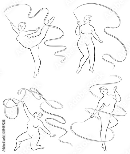 Collection. Gymnastics. Silhouette of a girl with a ribbon. The woman is overweight, a large body. The girl is full figured. Vector illustration set.