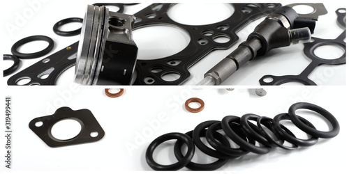 Banner, collage of engine parts. White background . Motor parts close up. Piston group and gaskets.