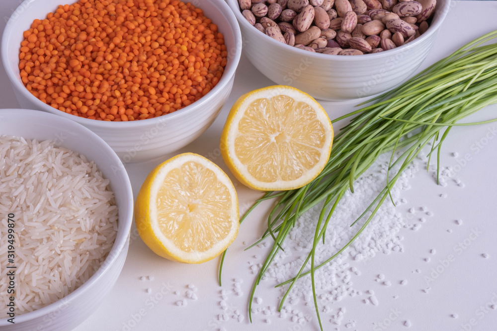 red lentils and beans in cups with lemon and herbs red lentils and beans in cups with lemon and herbs