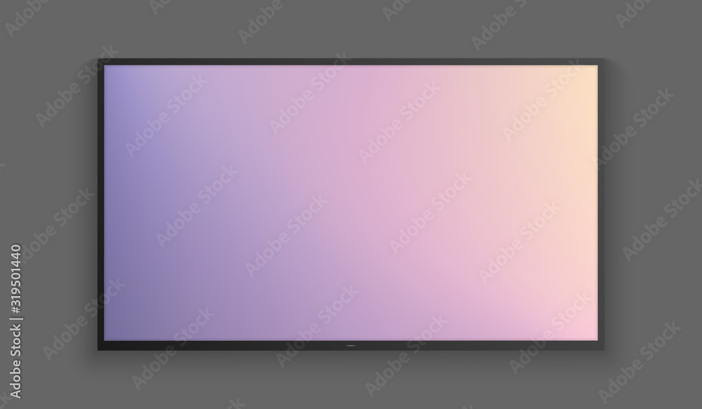 Vector realistic wide angle smart HD tv on the wall. Blue panoramic view of sunrise sky. Led 3d screen isolated on white background. Sunrise watercolor gradation. Vector realistic wide angle smart HD tv on the wall. Blue panoramic view of sunrise sky. Led 3d screen isolated on white background. Sunrise watercolor gradation.