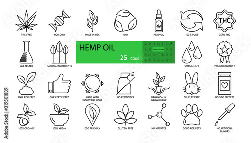 Vector hemp oil icons. The set consists of 25 images with an editable stroke. THC free, non GMO, bio, 100% pure, lab tested, natural ingredients, premium quality, GMP certified, no pesticides, cruelty