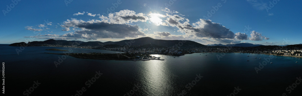Aerial drone photo of beautiful seascape in bay of Porto Rafti, Mesogeia, Attica, Greece