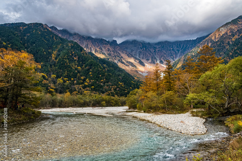 Colorful autumn foliage in Kamikochi valley, Northern Japan Alps, Japan.