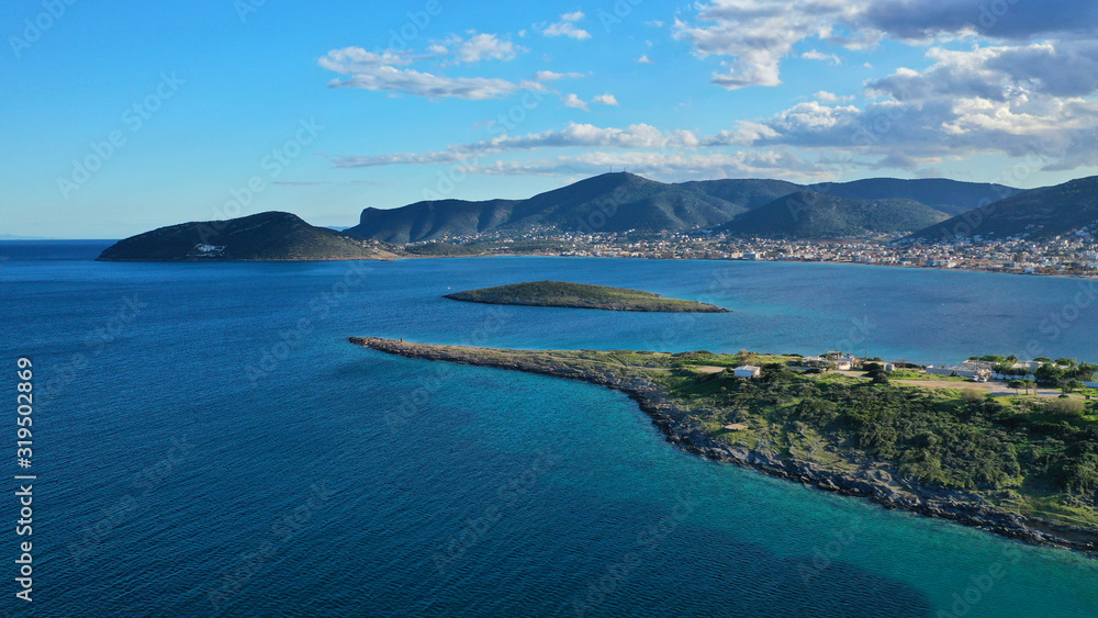 Aerial drone photo of beautiful seascape in bay of Porto Rafti, Mesogeia, Attica, Greece