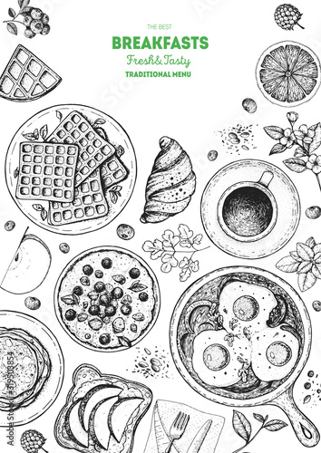 Breakfast top view frame. Morning food menu design. Breakfast dishes collection. Vintage hand drawn sketch, vector illustration. Engraved style.