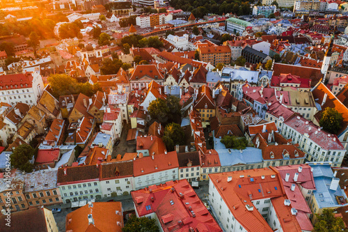 Talinn, Estonia. Old town city aerial drone view during sunrise.