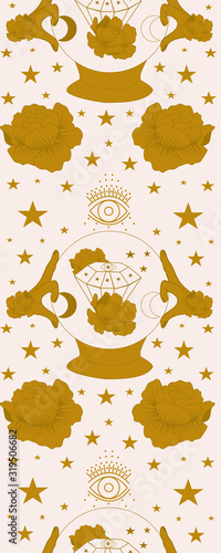 Vertical seamless border with golden magic globe, hands and celestials