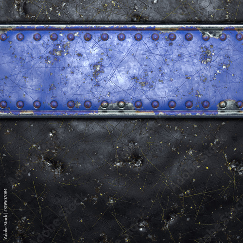Strip of metal with rivets painted blue in the shape of a rectangle in the center on black metal background 3d