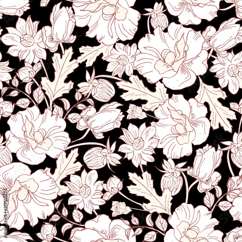 elegant floral seamless pattern. Vintage monochrome peonies  chrysanthemums on a light background.Spring summer holidays presents and gifts wrapping paper  For textiles packaging fabric wallpaper.