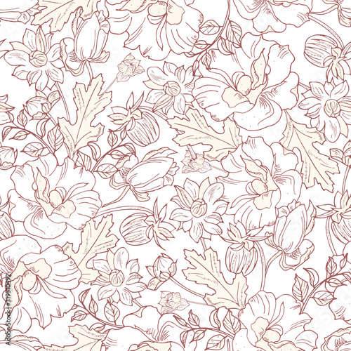 elegant floral seamless pattern. Vintage monochrome peonies, chrysanthemums on a light background.Spring,summer holidays presents and gifts wrapping paper; For textiles,packaging,fabric,wallpaper.