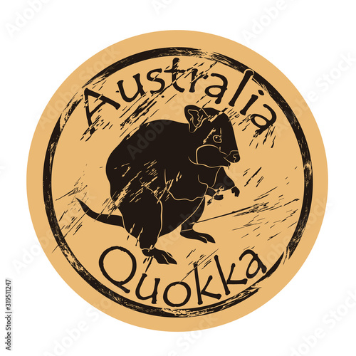 Quokka silhouette icon vector round shabby emblem design old retro style. Scrub wallaby or short tail kangaroo in full growth logo mail stamp on craft paper. Quokka vintage grunge sign.