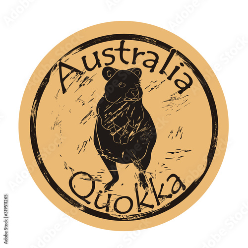 Quokka silhouette icon vector round shabby emblem design old retro style. Scrub wallaby or short tail kangaroo in full growth logo mail stamp on craft paper. Quokka vintage grunge sign.