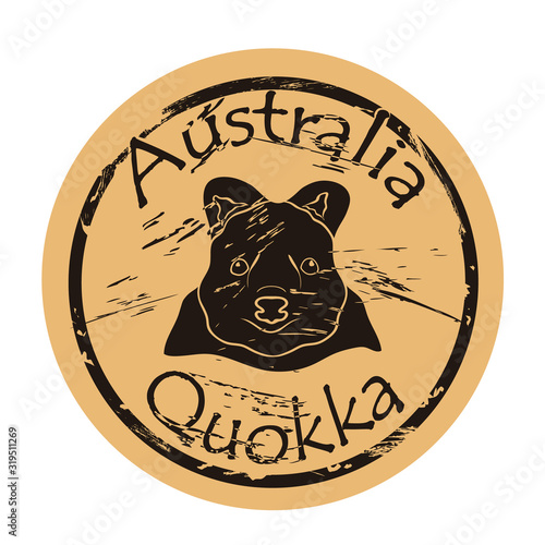 Quokka head silhouette icon vector round shabby emblem design, old retro style. Scrub wallaby or short tail kangaroo logo mail stamp on craft paper. Shape quokka vintage grunge sign. 