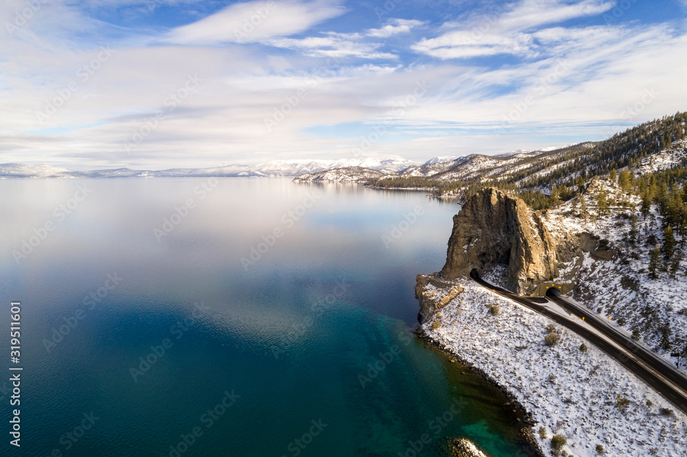 A beautiful aerial winter view of Cave Rock on the east shore of Lake Tahoe, Nevada. A beautiful aerial winter view of Cave Rock on the east shore of Lake Tahoe, Nevada.