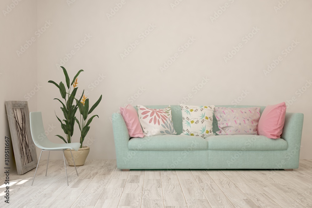Stylish room in white color with sofa. Scandinavian interior design. 3D illustration Stylish room in white color with sofa. Scandinavian interior design. 3D illustration