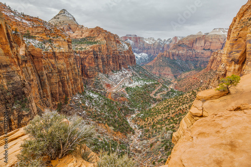 View over pine creek of the Zion National Park in Utah in winter