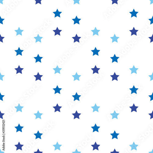 Seamless pattern with light and dark blue stars on white background for plaid, fabric, textile, clothes, cards, post cards, scrapbooking paper, tablecloth and other things. Vector image.