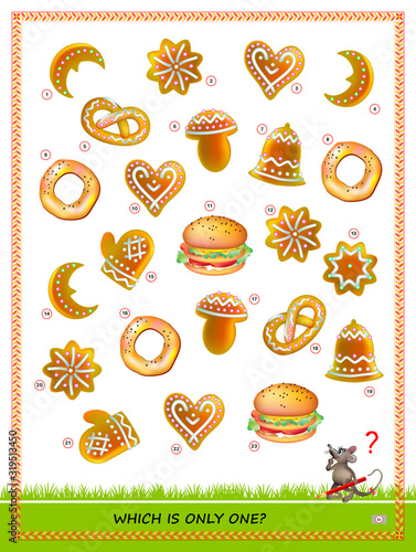 Logic puzzle game for children and adults. Need to find the cake which is only one. Printable page for kids brain teaser book. Developing spatial thinking skills. IQ training test. Vector image.