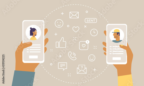 Concept vector illustration in flat design style. Connect and communicate with the network. People hold mobile phones in hands. Set of social line icons. 